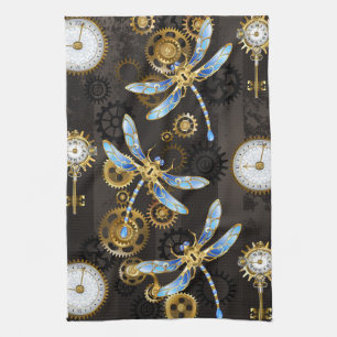 Steampunkdrachenfliegen auf braunem, gestreiften H Geschirrtuch