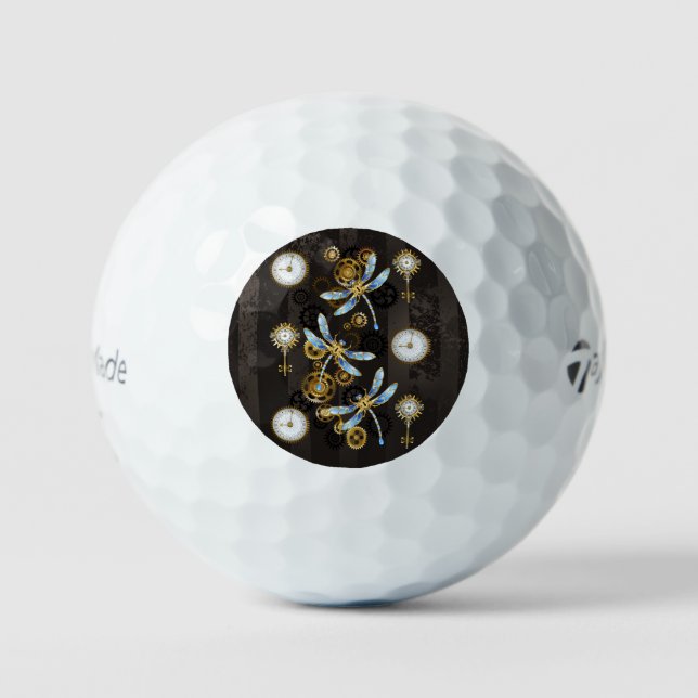 Steampunkdrachenfliegen auf braunem, gestreiften H Golfball (Vorderseite)