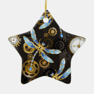 Steampunkdrachenfliegen auf braunem, gestreiften H Keramik Ornament