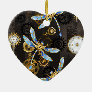 Steampunkdrachenfliegen auf braunem, gestreiften H Keramik Ornament