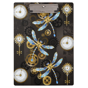 Steampunkdrachenfliegen auf braunem, gestreiften H Klemmbrett