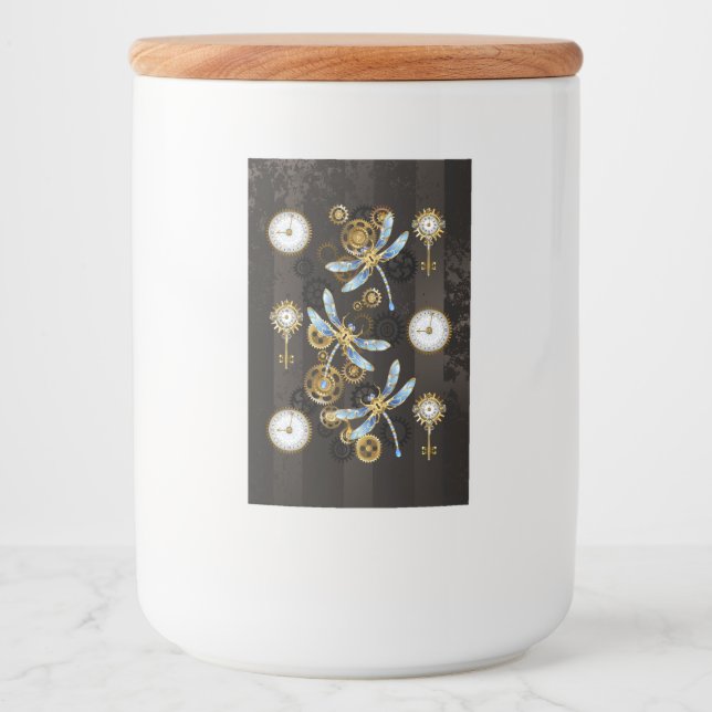 Steampunkdrachenfliegen auf braunem, gestreiften H Lebensmitteletikett (Vorderseite)