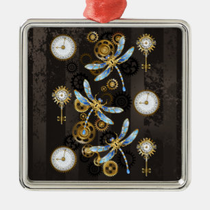 Steampunkdrachenfliegen auf braunem, gestreiften H Ornament Aus Metall