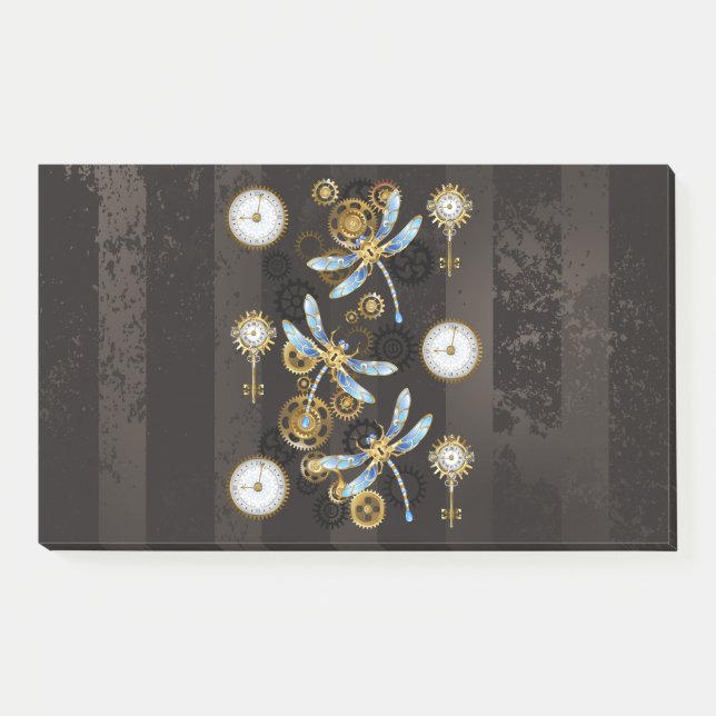 Steampunkdrachenfliegen auf braunem, gestreiften H Post-it Klebezettel (Vorderseite)