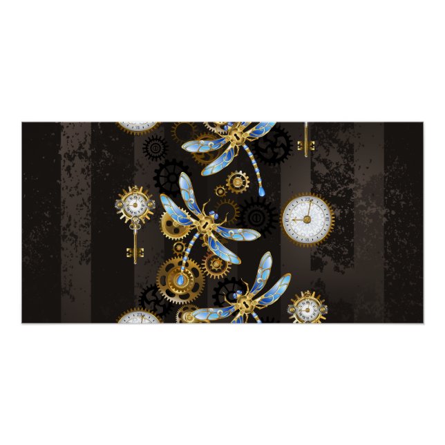 Steampunkdrachenfliegen auf braunem, gestreiften H Poster (Vorderseite)