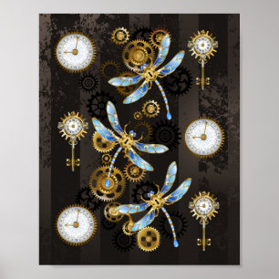 Steampunkdrachenfliegen auf braunem, gestreiften H Poster