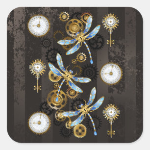 Steampunkdrachenfliegen auf braunem, gestreiften H Quadratischer Aufkleber