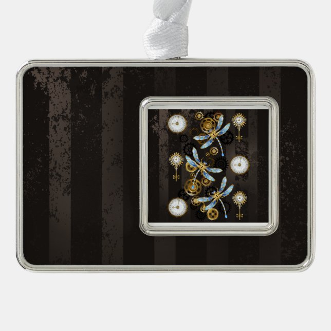 Steampunkdrachenfliegen auf braunem, gestreiften H Rahmen-Ornament Silber (Vorderseite)