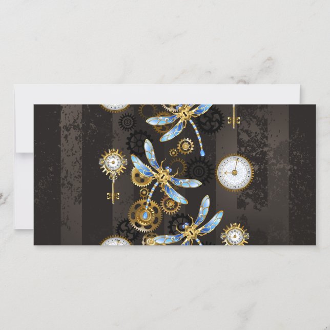 Steampunkdrachenfliegen auf braunem, gestreiften H Save The Date (Vorderseite)