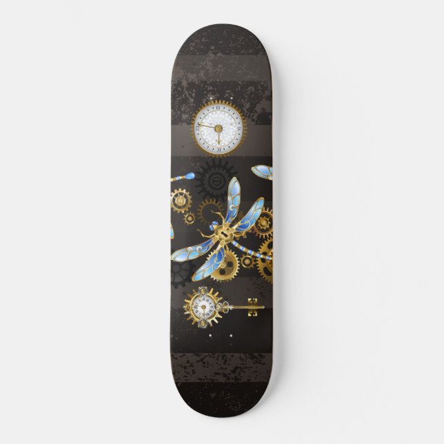 Steampunkdrachenfliegen auf braunem, gestreiften H Skateboard (Vorderseite)