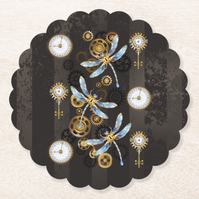 Steampunkdrachenfliegen auf braunem, gestreiften H Untersetzer (Vorderseite)