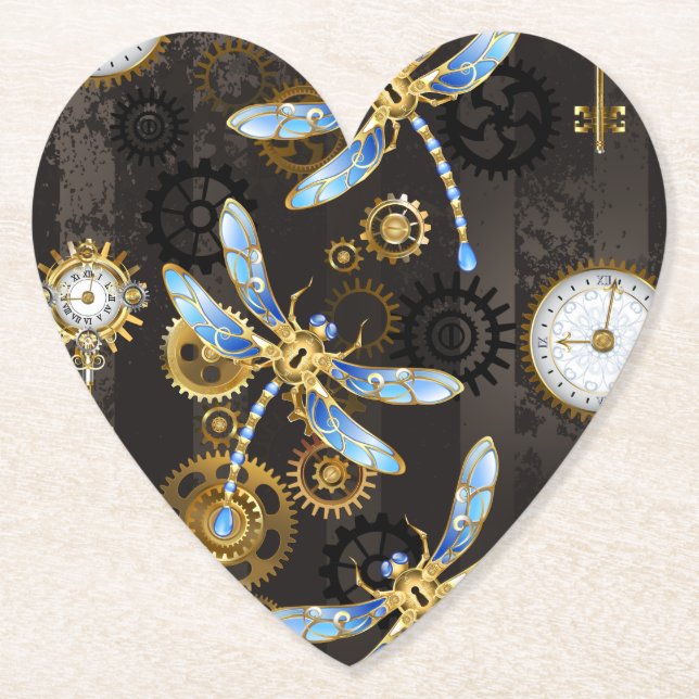 Steampunkdrachenfliegen auf braunem, gestreiften H Untersetzer (Vorderseite)