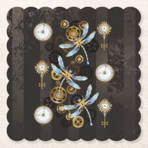 Steampunkdrachenfliegen auf braunem, gestreiften H Untersetzer