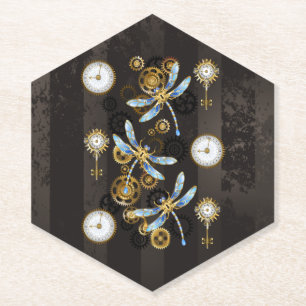 Steampunkdrachenfliegen auf braunem, gestreiften H Untersetzer