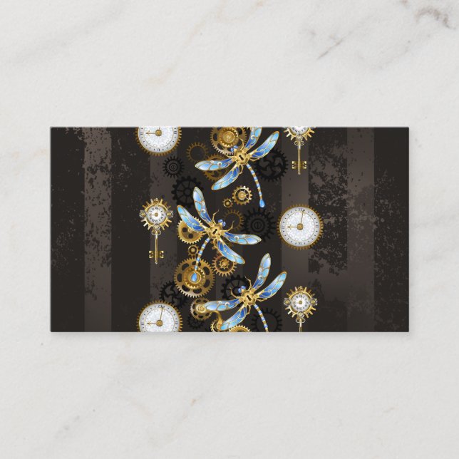 Steampunkdrachenfliegen auf braunem, gestreiften H Visitenkarte (Vorderseite)