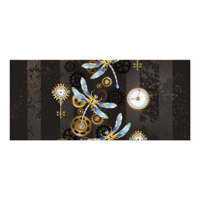 Steampunkdrachenfliegen auf braunem, gestreiften H Werbekarte (Vorne)