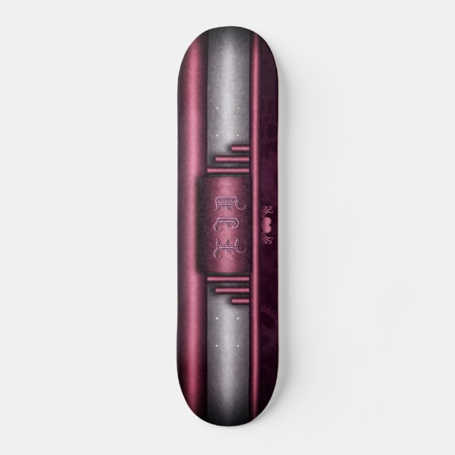 Steampunken, rosa Herz mit Monogramm-Typenschild Skateboard (Vorderseite)