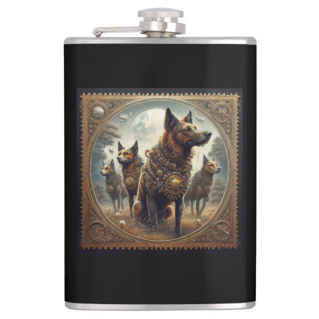Steampunkenhunde auf der Jagdflasche Flachmann (Vorderseite)