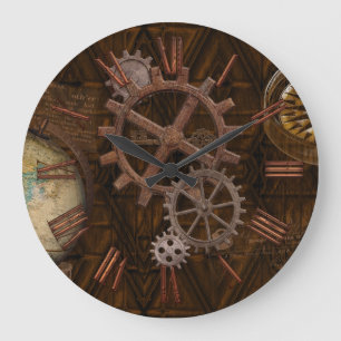 Steampunker Gears, Globe, Kompass Artwork Große Wanduhr
