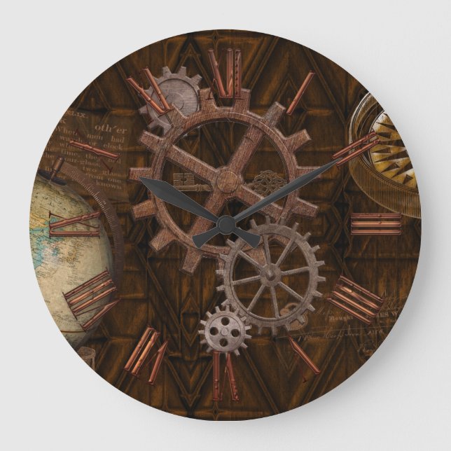 Steampunker Gears, Globe, Kompass Artwork Große Wanduhr (Vorderseite)