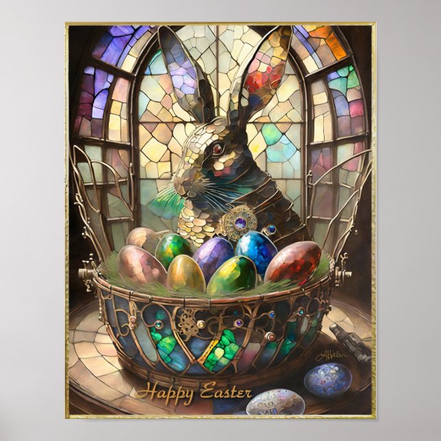 Steampunker Ostern Bunny und farbenfrohe Eier im K Poster (Vorne)