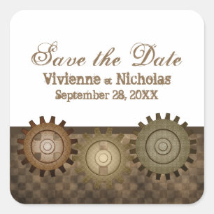 Steampunkgears Save the Date Stickers, braun Quadratischer Aufkleber