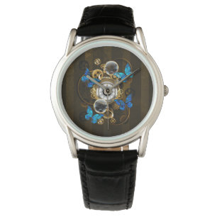 Steampunkgeere und blaue Schmetterlinge Armbanduhr