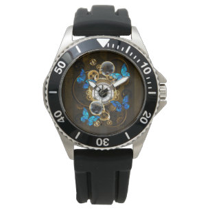Steampunkgeere und blaue Schmetterlinge Armbanduhr