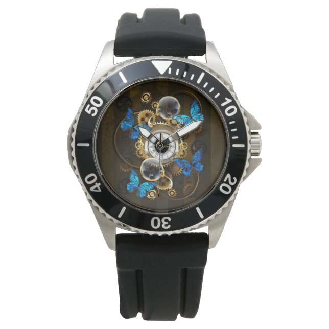 Steampunkgeere und blaue Schmetterlinge Armbanduhr (Vorderseite)