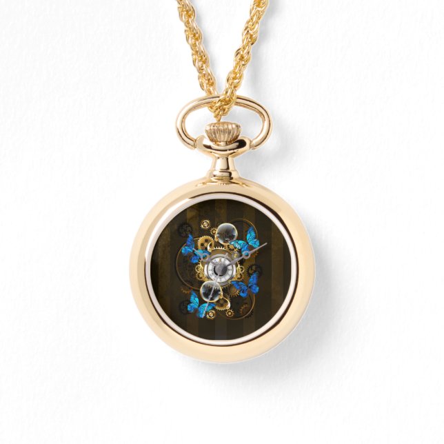 Steampunkgeere und blaue Schmetterlinge Armbanduhr (Vorderseite)