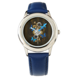 Steampunkgeere und blaue Schmetterlinge Armbanduhr