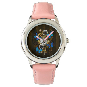 Steampunkgeere und blaue Schmetterlinge Armbanduhr