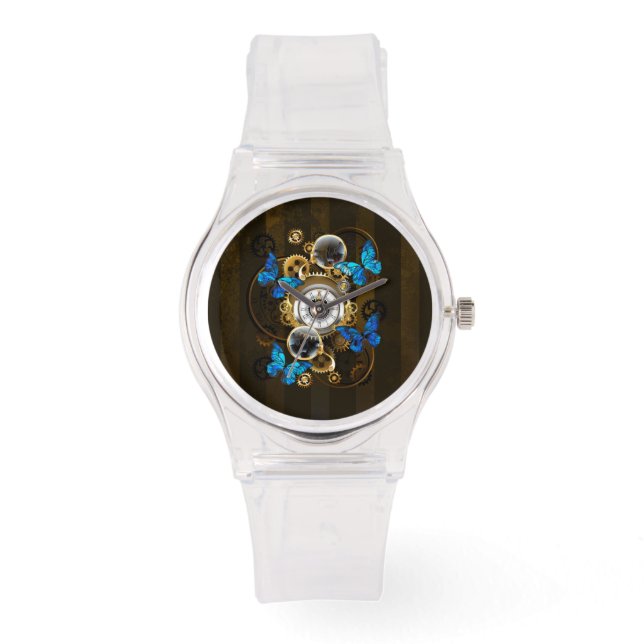 Steampunkgeere und blaue Schmetterlinge Armbanduhr (Vorderseite)