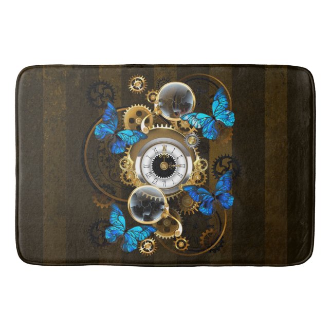 Steampunkgeere und blaue Schmetterlinge Badematte (Vorderseite)
