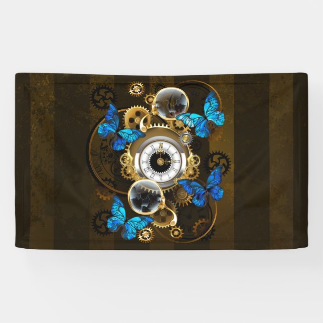 Steampunkgeere und blaue Schmetterlinge Banner (Horizontal)