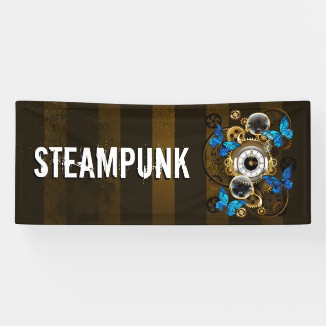 Steampunkgeere und blaue Schmetterlinge Banner (Horizontal)