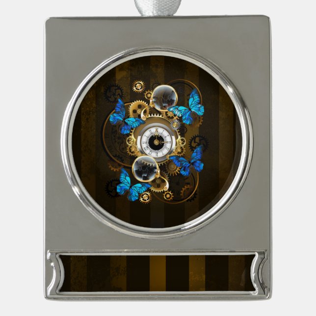 Steampunkgeere und blaue Schmetterlinge Banner-Ornament Silber (Vorderseite)