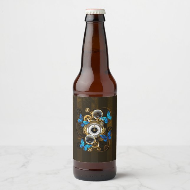 Steampunkgeere und blaue Schmetterlinge Bierflaschenetikett (Vorderseite)