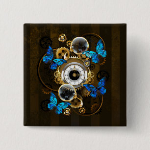 Steampunkgeere und blaue Schmetterlinge Button