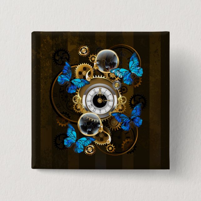 Steampunkgeere und blaue Schmetterlinge Button (Vorderseite)