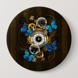 Steampunkgeere und blaue Schmetterlinge Button