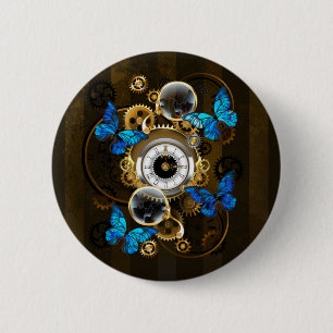 Steampunkgeere und blaue Schmetterlinge Button