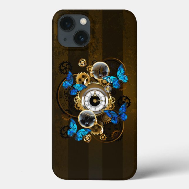 Steampunkgeere und blaue Schmetterlinge Case-Mate iPhone Hülle (Rückseite)