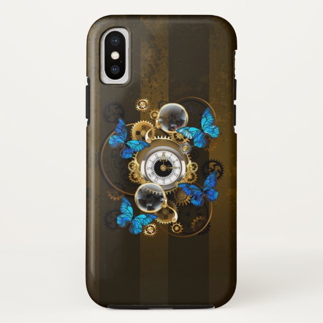 Steampunkgeere und blaue Schmetterlinge Case-Mate iPhone Hülle (Rückseite)