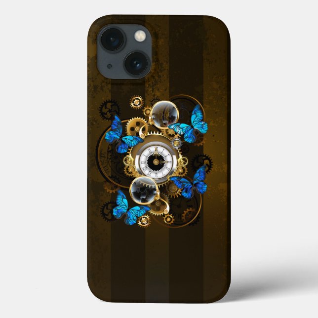 Steampunkgeere und blaue Schmetterlinge Case-Mate iPhone Hülle (Rückseite)