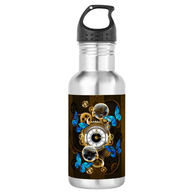 Steampunkgeere und blaue Schmetterlinge Edelstahlflasche (Vorderseite)