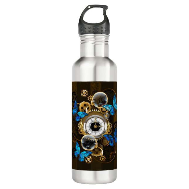 Steampunkgeere und blaue Schmetterlinge Edelstahlflasche (Vorderseite)