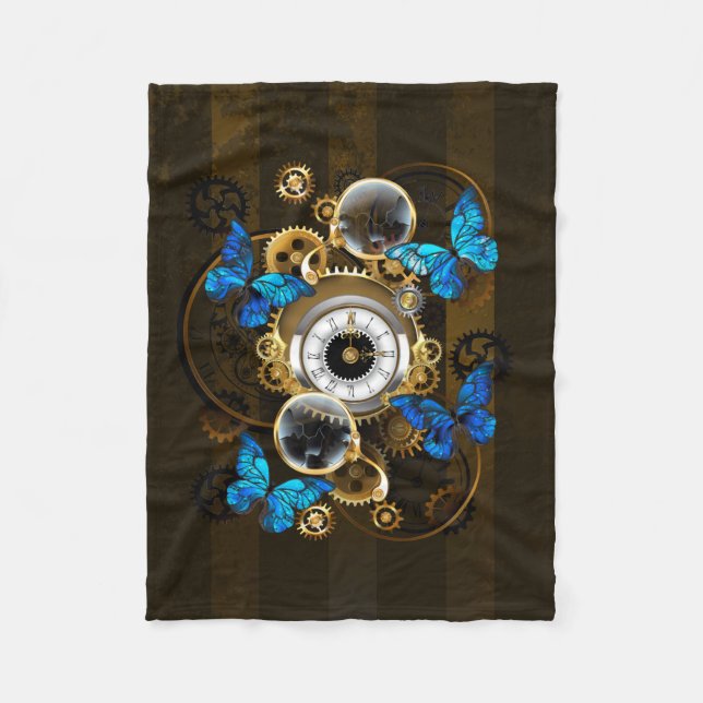 Steampunkgeere und blaue Schmetterlinge Fleecedecke (Vorderseite)