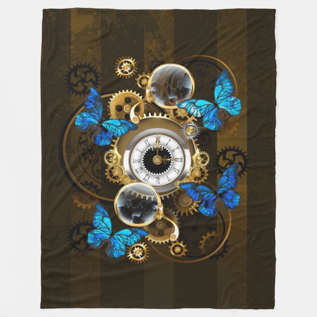 Steampunkgeere und blaue Schmetterlinge Fleecedecke (Vorderseite)