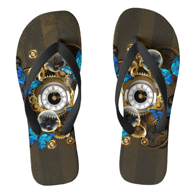 Steampunkgeere und blaue Schmetterlinge Flip Flops (Fußbett)